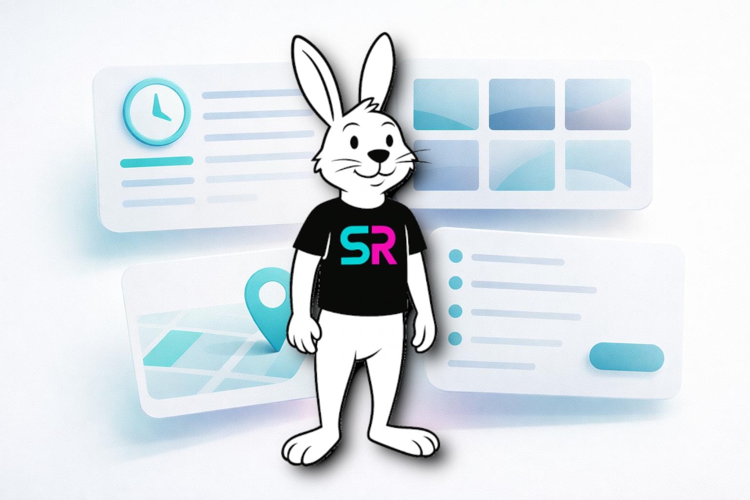 Abstract cards representing business hours, photos, services, and location for a local business profile.