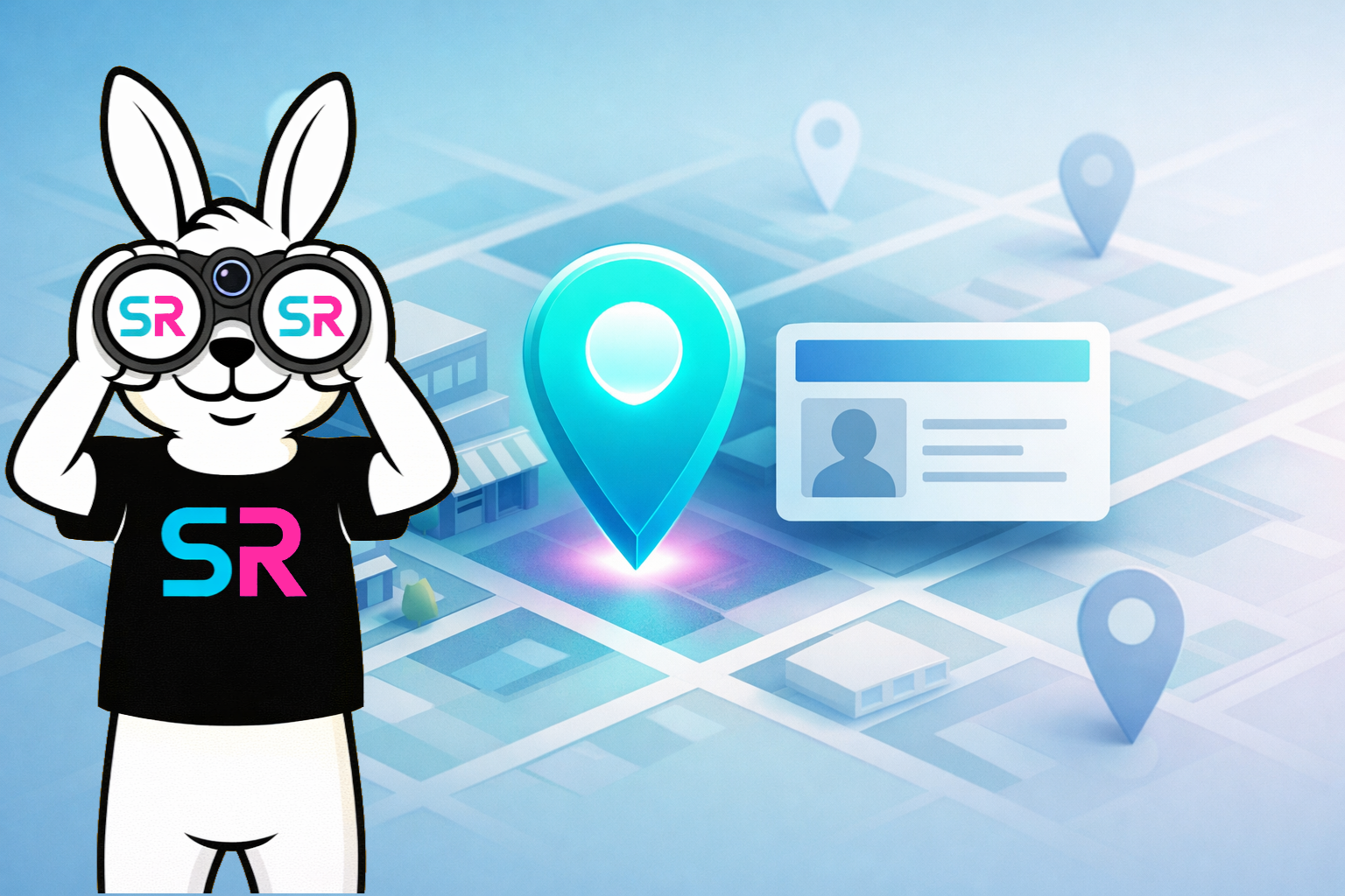 Person holding a smartphone showing a stylized local business profile screen, with a city street blurred in the background.